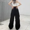 Calças femininas estilo americano leggings cintura alta carga com multi bolsos de grandes dimensões secagem rápida cordão de cor sólida para um