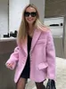 Pink Lapel Woolen Plush Coats Women Elegant Long Sleeve Button Office Lady Blazer Jacket 2023 Winter Fashion Packet Loose Coat