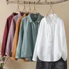 Женские блузки, рубашка из однотонной хлопчатобумажной пряжи, 2024, тонкие простые свободные белые, свежие и милые топы в студенческом стиле с длинными рукавами, одежда