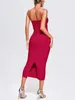 Casual Dresses Modphy 2024 Women's Deep Red Sexy Hollow Metal Ring Strapless Backless Bodycon Bandage Dress Elegant Celebrity Party Clothes