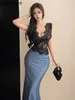 Casual Dresses Gaganight Women Light Luxury Sexy Style Lace Patchwork Dress 2024 Summer Exudes Elegance Mid Length Banquet Fishtail