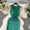 Casual Dresses European American Style Girl's Green Sleeveless Long Dress for Women Summer Chest Cross Twisted Hollow Out Tight BodyCon