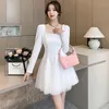 Abiti casual Colletto quadrato bianco Elegante Patchowrk Mesh A-Line Mini abito Donna Autunno Inverno 2024 Coreano Bodycon Party Abiti