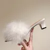 Nouveau Designer plume chaussures à talons hauts femmes pantoufles bout ouvert tissu extensible sans lacet Mules Sexy fête mariage chaussures mariée