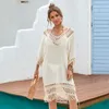 Sexy Midi Dress for Women Hollow Out Female Long Beach Dresses Short Sleeve Solid Summer Fashion Tassel Dress Bikini Beach Cover Up Deep V Neck See Through