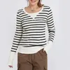 Women's T Shirts Stripe Print Knit Tops Scoop-Neck Long Sleeve Tee Slim Spring Knitwear