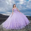 Lilac Quinceanera elbise balo elbisesi omuz aplike dantel tull tull yukarı çiçek kızlar doğum günü partisi balo prim vestido15 vx anos