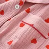 Spring Ladies Pajamas Set Heart Printed Crepe Cotton Doublelayer Gauze Turndown Collar Longsleeve Trousers Household Wear 240219