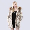 Fur Lady Winter z kapturem prawdziwy płaszcz futra naturalna ciepła królicza kurtka futra z szopem futra kołnierzyka kobiety 100% oryginalna odzież wierzchnia królika