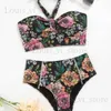 Costumi da bagno da donna 2024 New Split Stampa Appeso al collo Hollow Moda sexy Costume da bagno bikini Bikini T240222