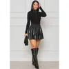 Skirts Skorts Ruffle Layered Mini Skirt Women Clothing Black High Waist PU Faux Leather Korean Fashion Style Solid Short Pleated YQ240223