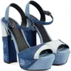 Sandals Est Light Blue Patchwrok Dark Chunky Heel Peep Toe High Platform Ankle Strap Thick Dress Shoes