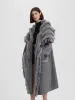 Échantillon de fourrure femmes rayé réel col de fourrure de renard en vrac longue Robe poche manteau hiver chaud nouvelle mode cape Poncho tricoté Streetwear