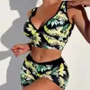 ARXIPA Sexy Sport-Bikinis, zweiteiliger Badeanzug für Damen, tiefer V-Ausschnitt, Badeanzug, gepolstert, Push-up, Strandmode, Jungen-Shorts, Blumendruck, bauchfreies Oberteil, rückenfrei