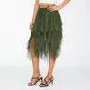 Skirts Women Green Midi Solid Color Elastic High Waist Irregular Ruffles Multi-Layered Tulle Tutu Female Streetwear