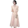 Vestidos de festa jsxdhk 2024 elegante verão rosa puff manga longa dres chique moda mulheres v pescoço cintura fina senhoras escritório vestido de baile vestidos