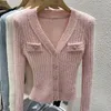 Tricots pour femmes de haute qualité femmes automne hiver Vintage col en v boucle en métal épaulettes tricoté Cardigan pull haut