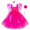 Abiti da ragazza Vestito da tutù con fiori rosa glitterato Abito da ballo da fata per bambini con bastone ad ala di farfalla Costume da festa di compleanno per bambini