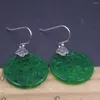 Boucles d'oreilles pendantes en argent Sterling S925 véritable pour femmes, jadéite verte, motif creux, chance ronde, Style ethnique, 1.5 pouces