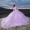 Lilac Quinceanera elbise balo elbisesi omuz aplike dantel tull tull yukarı çiçek kızlar doğum günü partisi balo prim vestido15 vx anos