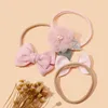 Accessoires pour cheveux 3 pièces/lot, joli bandeau en dentelle avec nœud pour bébé, fleur rose, bandes élastiques en Nylon pour nourrissons