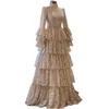 Vintage Full Lace Prom Dresses Tiered Long Sleeves A Line Formal Evening Gowns Floor Length Empire Waist Beige elegant Special Occasion Dress