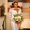 Vestidos de casamento curtos Aso Ebi sereia para noiva plus size ilusão elegante renda transparente gola mangas compridas vestido de casamento comprimento T para mulheres negras nigerianas meninas NW105