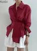 Kadın bluzları Zanzea Kadınlar Yatak Tunik Uzun Kollu Gömlek Moda See-Through Sargı Bluz 2024 Yaz Sokak Giyseni Günlük Gevşek