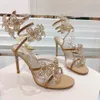 Rene Rhinestone Flower Decoration Sandals Caovilla Stiletto 여성 이브닝 드레스 신발 9.5cm Real Silk Serpentine Wraparound 고급 디자이너 여성 하이힐 35-43