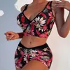 ARXIPA Sexy Sport-Bikinis, zweiteiliger Badeanzug für Damen, tiefer V-Ausschnitt, Badeanzug, gepolstert, Push-up, Strandmode, Jungen-Shorts, Blumendruck, bauchfreies Oberteil, rückenfrei