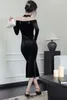 Casual Dresses Romantic Black Velvet Dress for Slim Woman Sexy Off Shoulder Diamonds Neck Mounted Mermaid Turmpet Party Vestido Negro