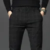 Czarne spodnie męskie spodnie w kratę sprężyste i jesienne Slim Pants Men Szare Stripe Sfers 2838 Pantalones Hombre 240220