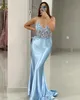 2024 ASO EBI Hell Sky Blue Mermaid Prom Kleid Perlen Blumen Abend formelle Party Zweiter Empfang 50. Geburtstag Verlobungskleider Kleider Robe de Soiree ZJ67