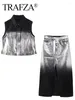 Sukienki robocze Trafza 2024 Spring garnitury dla kobiet mody dżinsowy gradient metalowy folia luźna kamizelka dzika vintage wszechstronna spódnica kobiet