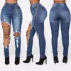 Pantaloni da donna lavato sfumato donna sexy jeans lunghi regolari jeans strappati con foro sottile denim taglie forti decorazioni a catena High Street