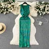 Casual Dresses European American Style Girl's Green Sleeveless Long Dress for Women Summer Chest Cross Twisted Hollow Out Tight BodyCon