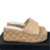 Lambskin Womens Wedge Platform Heels 6.5cm Sandals Designer Quilted Texture Golden Hardware Matelasse Slippers Ladies Slides Outdoor Leisure Shoe Rubber Sole