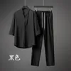 Mens T Shirts And Pants Suit Summer Ultrathin Ice Cotton Linen 2 Piece Set Large Sweatwear Chinese Style Clothes Men Black White 240220