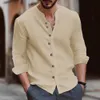 Retro Style Summer Mens Casual Cotton Linen Shirt Mock Neck Solid VNeck Long Sleeve Loose Top Handsome US Size S3XL 240220
