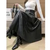 Saias skorts mulheres vintage sólido pu couro plissado elegante cinto midi saia outono inverno moda cintura alta grande balanço uma linha faldas yq240223