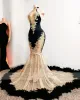 Black Girls Orange Mermaid Prom Dresses Satin Beading Sequined High Neck Feathers lyxig kjol Evening Party Formella klänningar BC14825