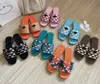 12 Styles Prad Triangle Stroweve Slipper Sandaalplatform Raffias Slippers Designer Dames Heren Zomer Flat Heel Flip Flops Outdoors Buiten Pool Sliders Strandschoen