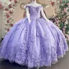 Lavendel quinceanera klänning av axelapplikationer blommor blommor spets pärlor tull boll klänning korsett söta 16 vestidos de 15 anos