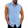 Chemises décontractées pour hommes Homme Summer Tank Shirt Top Double Poche Sans manches Turn Down Col Mâle Fitness Sport Street Vest Vêtements