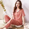 Women's Sleepwear Plaid Short-sleeved Cotton Pajamas Female Summer Cardigan Thin Middle-aged And Elderly Mother Loose Comfortable