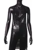 Casual Dresses Solid Draped Front Chainmail Metal Mesh Mini Dress Split Hem Tie Backless Metallic Halter för kvinnor