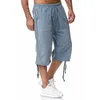 Summer Mens Casual Shorts 3xl Linen Cotton High midja Bermuda Shorts Solid Pucking Sports Pants Blue Breeze With Pocket Pants 240223