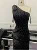 Casual Dresses Women Summer Sexy One Shoulder Diamonds Sparkly Black Maxi Long Bodycon Gowns Dress 2024 Elegant Evening Party Club