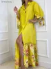 Urban Sexy Dresses Elegant Lantern Sleeve Sundress Women Dress Fashion Lapel Neck Boho Printing Shirt Dress Single Breasted Maxi Dress Robe Femme 240224