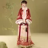 エスニック衣類中国のハンフ女性の薄明の正方形の正方形のネックライン半袖のぬいぐるみ馬の顔のスカート年の挨拶の冬